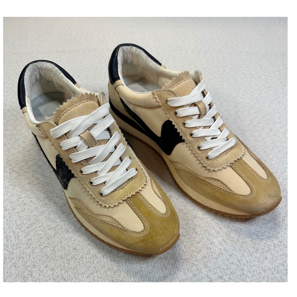 Dolce Vita Sneakers Womens 10 Beige Leather Suede Glitter Retro Classic Trendy